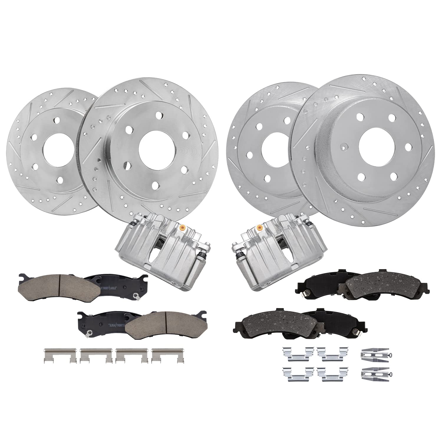 Detroit Axle - Front & Rear Drilled Rotors Brake Pads + Rear Brake Calipers Replacement for Silverado Sierra 1500 Yukon XL 1500